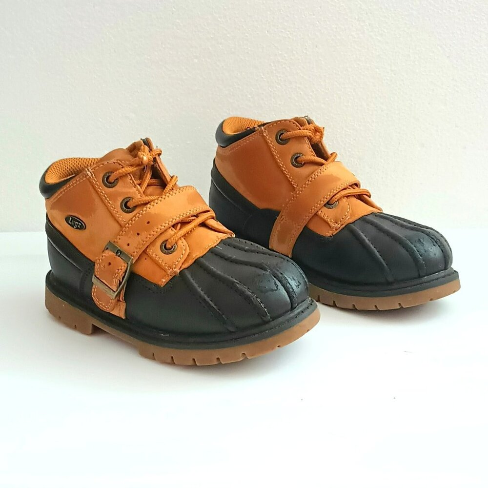 Lugz Avalanche Strap Ankle Boots 12 Kids Tan Black Faux Leather Buckle Lace Up
